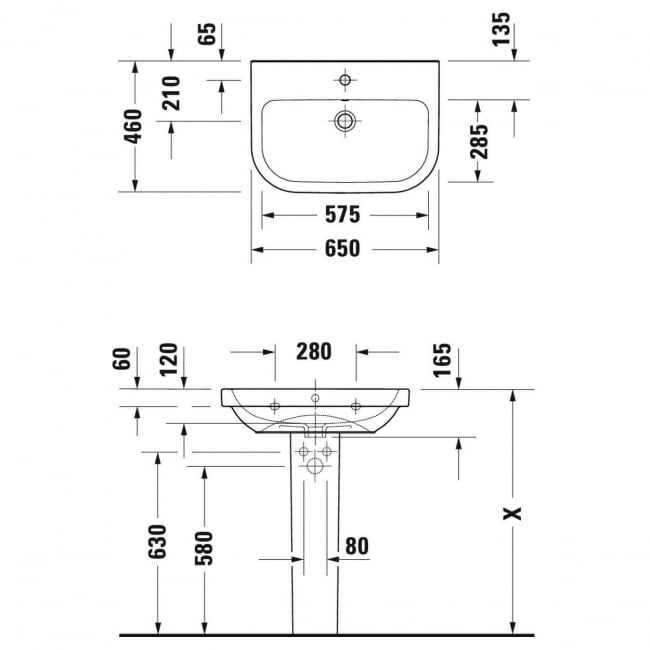 Duravit D-Code Basin and Full Pedestal 650mm Wide - 1 Tap Hole