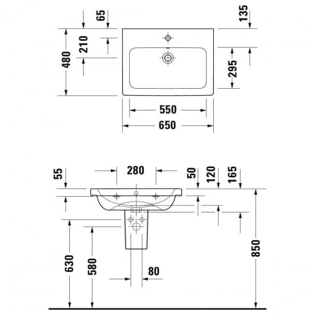 Duravit D-Code Rectangular Basin and Semi Pedestal 650mm Wide - 1 Tap Hole