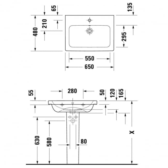 Duravit D-Code Rectangular Basin and Full Pedestal 650mm Wide - 1 Tap Hole