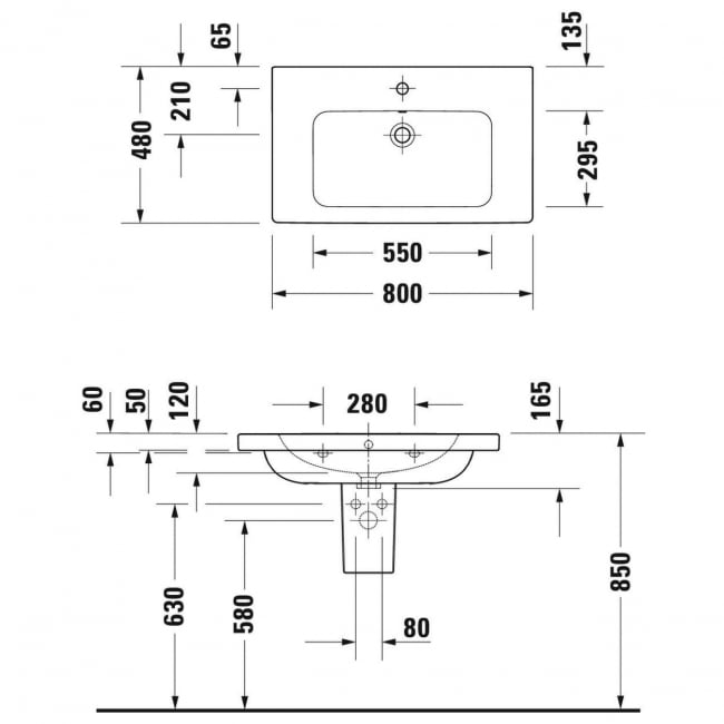 Duravit D-Code Basin and Semi Pedestal 800mm Wide - 1 Tap Hole