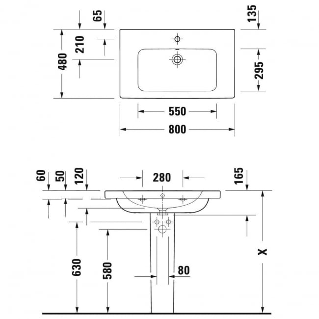 Duravit D-Code Basin and Full Pedestal 800mm Wide - 1 Tap Hole