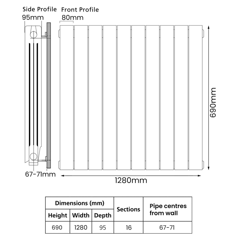 EcoRad Trend Aluminium Radiator 690mm H x 1300mm W (16 Sections) - White