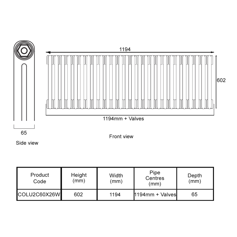 EcoRad Legacy White 2-Column Radiator 600mm High x 1194mm Wide 26 Sections