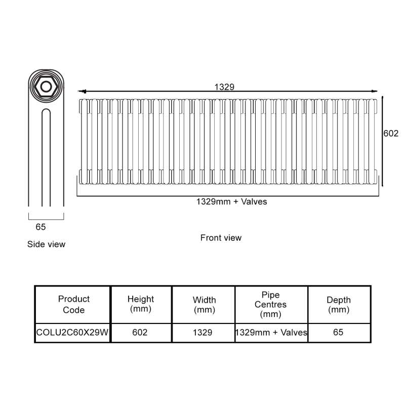 EcoRad Legacy White 2-Column Radiator 600mm High x 1329mm Wide 29 Sections