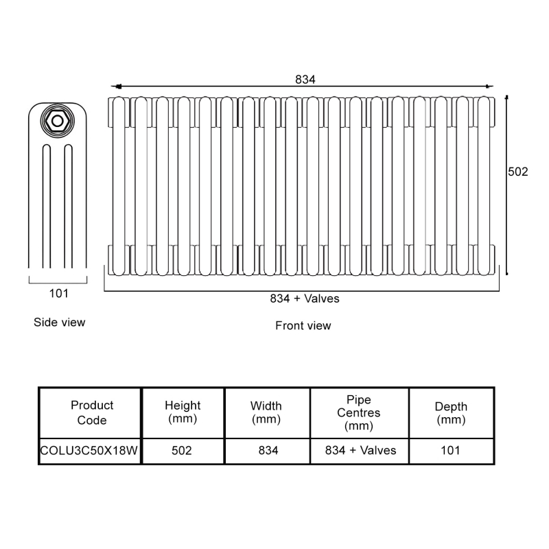 EcoRad Legacy White 3-Column Radiator 500mm High x 834mm Wide 18 Sections