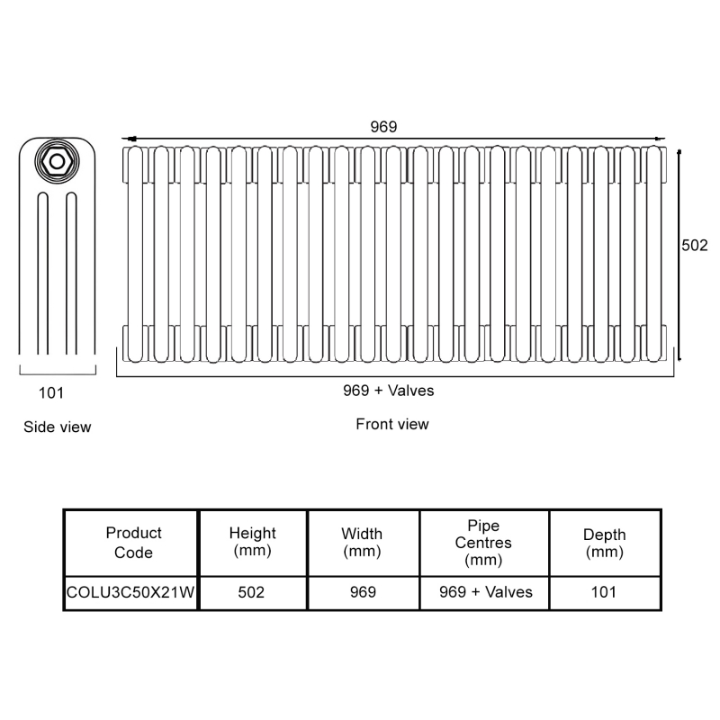 EcoRad Legacy White 3-Column Radiator 500mm High x 969mm Wide 21 Sections