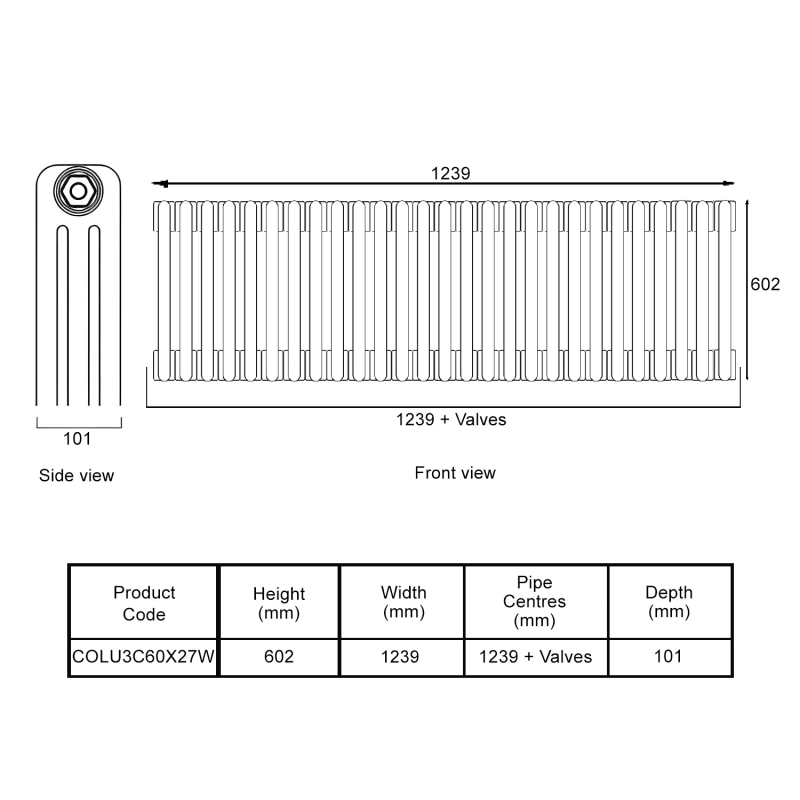 EcoRad Legacy White 3-Column Radiator 600mm High x 1239mm Wide 27 Sections