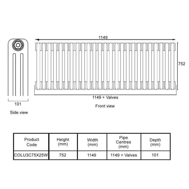 EcoRad Legacy White 3-Column Radiator 752mm High x 1149mm Wide 25 Sections