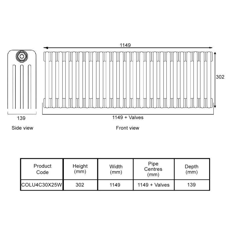 EcoRad Legacy White 4-Column Radiator 300mm High x 1149mm Wide 25 Sections