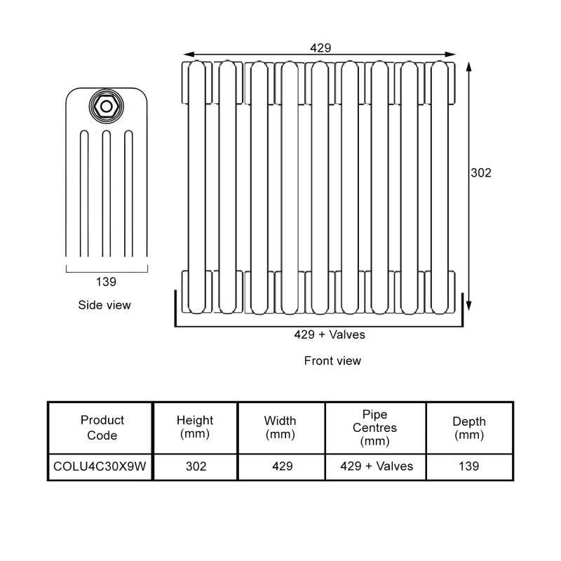 EcoRad Legacy White 4-Column Radiator 300mm High x 429mm Wide 9 Sections