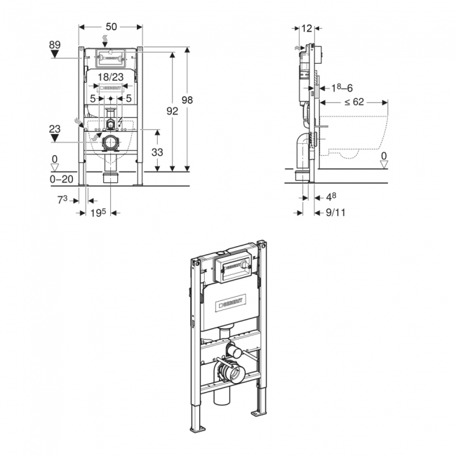 Geberit Duofix 980mm Wall Hung WC Toilet Frame With 120mm Delta Concealed Cistern