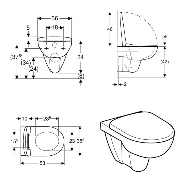 Geberit Selnova Rimless Wall Hung Toilet With - Quick Release Soft Close Seat