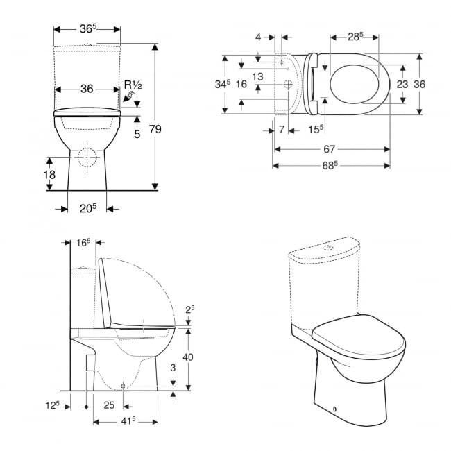 Geberit Selnova Close Coupled Toilet with Push Button Cistern - Soft Close Seat