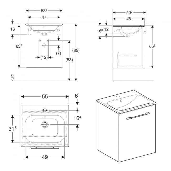 Geberit Selnova Wall Hung 1-Door Vanity Unit with Slim Rim Basin 550mm Wide - Light Hickory