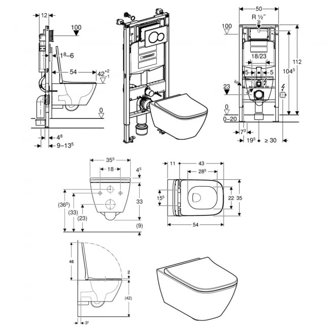 Geberit Rimless Wall Hung Pan with Duofix Toilet Frame Flush Plate and Sigma Concealed Cistern - Soft Close Seat