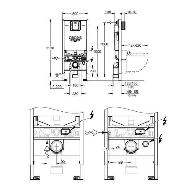 Grohe Rapid SLX Element for WC with Integrated Socket and Shower Toilet Connection 1130 High