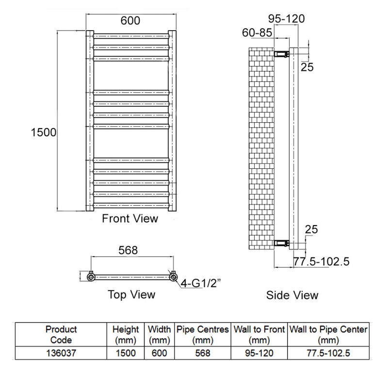 Heatwave Eversley Straight Ladder Towel Rail 1500mm H x 600mm W - Polished Stainless Steel