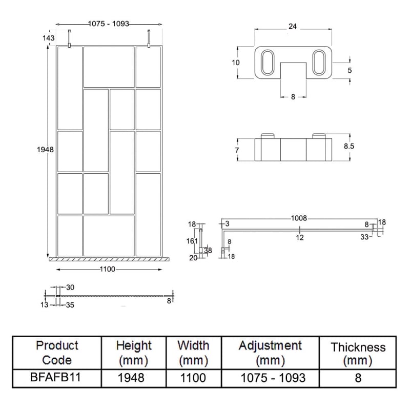 Hudson Reed Abstract Frame Wetroom Screen with Support Bars 1100mm Wide - 8mm Glass