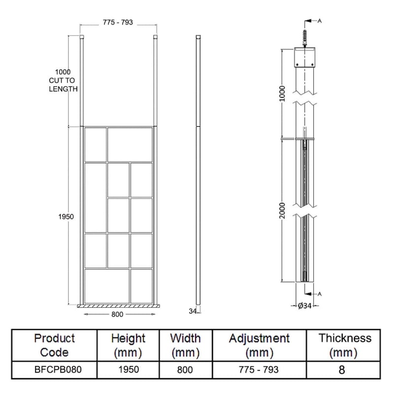 Hudson Reed Abstract Frame Wetroom Screen with Ceiling Posts 800mm Wide - 8mm Glass