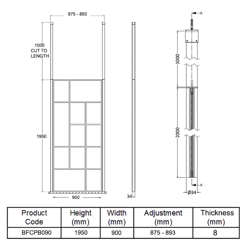 Hudson Reed Abstract Frame Wetroom Screen with Ceiling Posts 900mm Wide - 8mm Glass