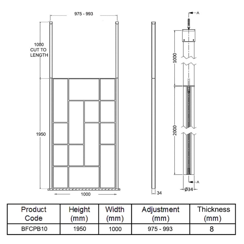 Hudson Reed Abstract Frame Wetroom Screen with Ceiling Posts 1000mm Wide - 8mm Glass