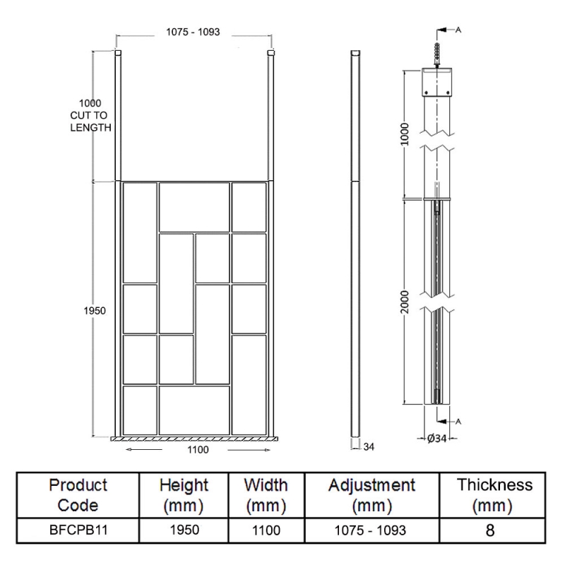 Hudson Reed Abstract Frame Wetroom Screen with Ceiling Posts 1100mm Wide - 8mm Glass