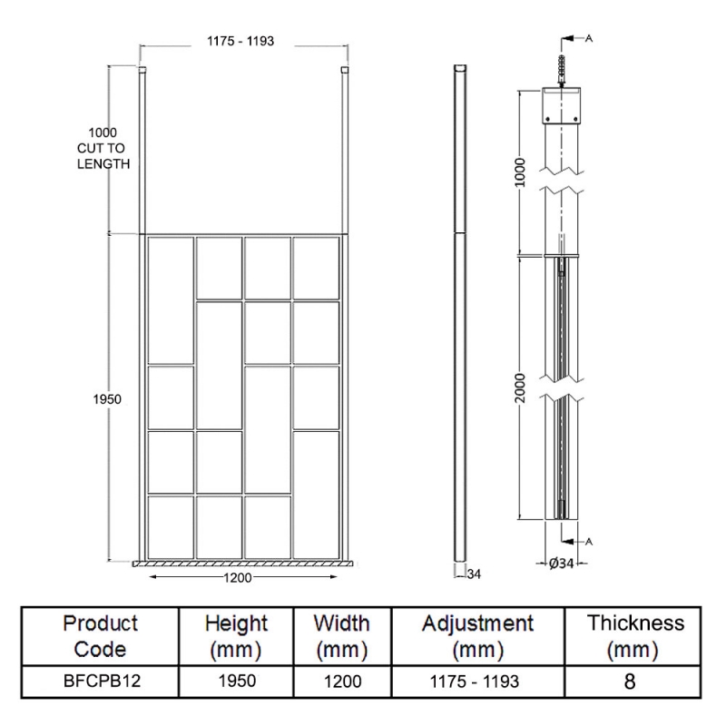 Hudson Reed Abstract Frame Wetroom Screen with Ceiling Posts 1200mm Wide - 8mm Glass