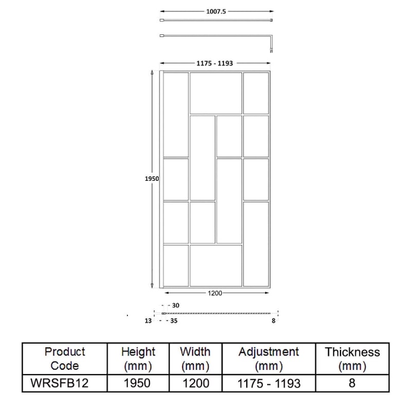 Hudson Reed Abstract Frame Wetroom Screen with Support Bar 1200mm Wide - 8mm Glass