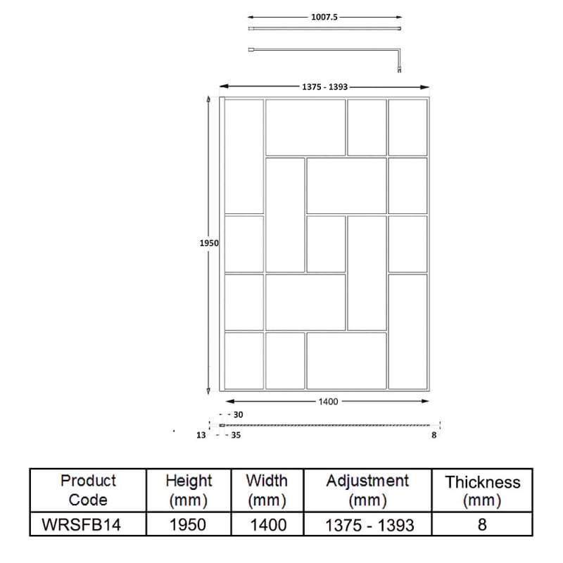 Hudson Reed Abstract Frame Wetroom Screen with Support Bar 1400mm Wide - 8mm Glass