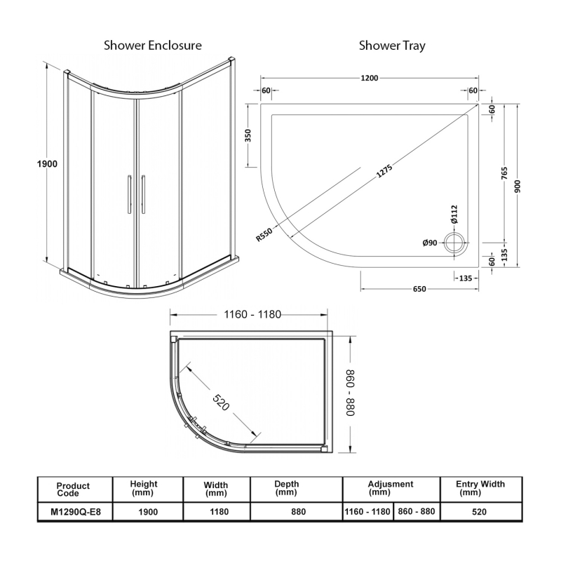 Hudson Reed Apex Offset Quadrant Shower Enclosure with Tray 1200mm x 900mm LH - 8mm Glass