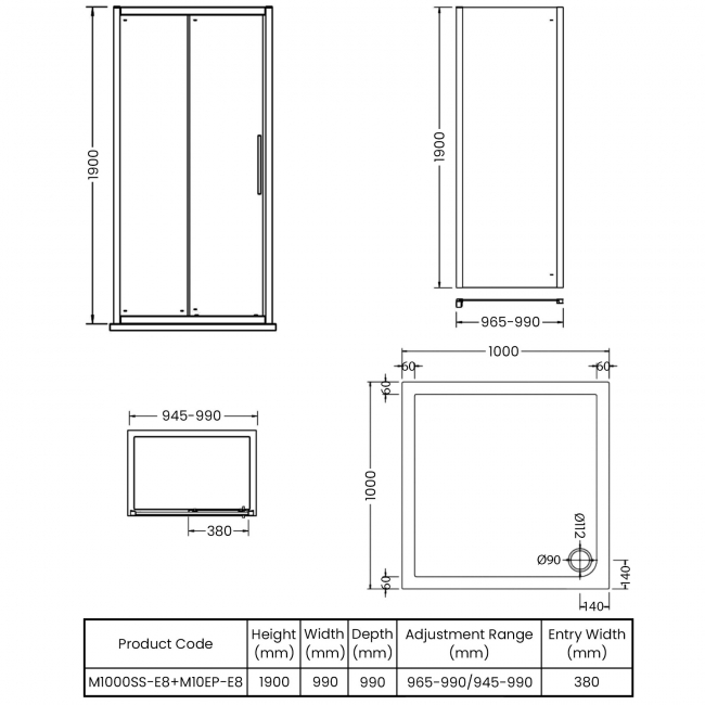 Hudson Reed Apex Sliding Shower Enclosure 1000mm x 1000mm with Tray - 8mm Glass