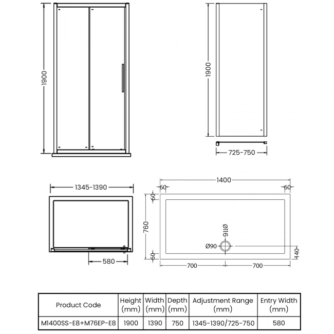 Hudson Reed Apex Sliding Shower Enclosure 1400mm x 760mm with Tray - 8mm Glass