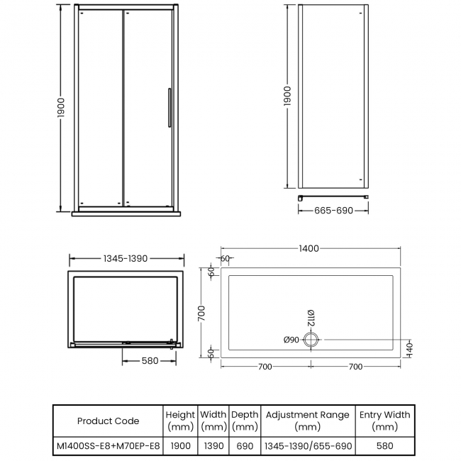 Hudson Reed Apex Sliding Shower Enclosure 1400mm x 700mm with Tray - 8mm Glass