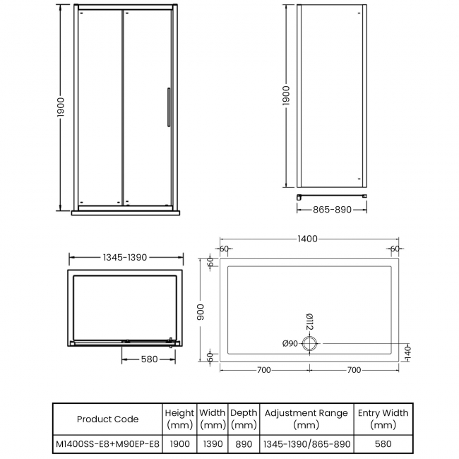 Hudson Reed Apex Sliding Shower Enclosure 1400mm x 900mm with Tray - 8mm Glass