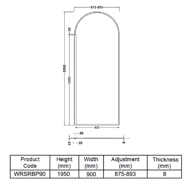 Hudson Reed Arched Wet Room Panel | WRSRBP90 | 900mm | 8mm | Clear