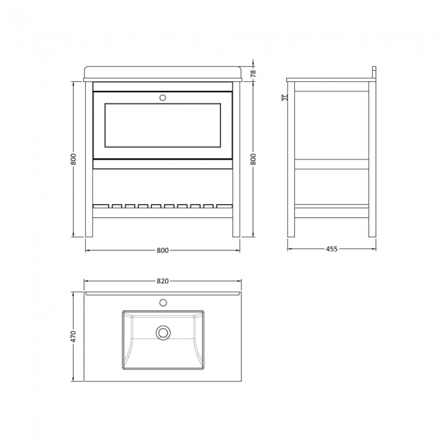 Hudson Reed Bexley Floor Standing Vanity Unit with 1TH Marble Top Basin 800mm Wide - Pure White