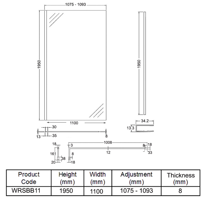 Hudson Reed Wet Room Screen with Brass Support Bar 1100mm Wide - 8mm Glass