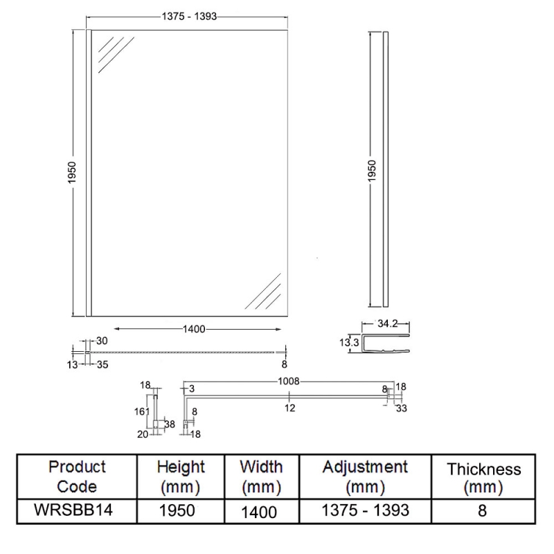 Hudson Reed Wet Room Screen with Brass Support Bar 1400mm Wide - 8mm Glass