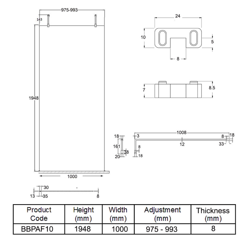 Hudson Reed Wet Room Screen with Brass Support Arms and Feet 1000mm Wide - 8mm Glass