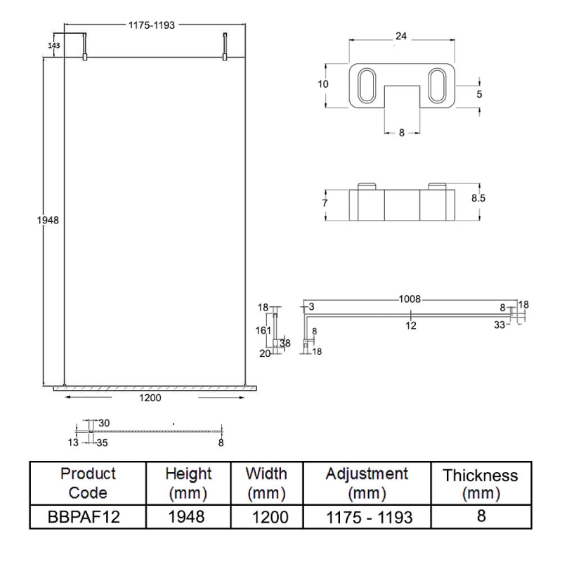 Hudson Reed Wet Room Screen with Brass Support Arms and Feet 1200mm Wide - 8mm Glass