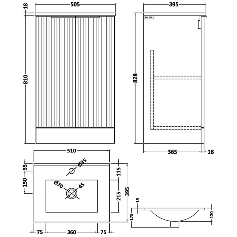 Hudson Reed Fluted Floor Standing 2-Door Vanity Unit with Basin 2 500mm Wide - Satin White