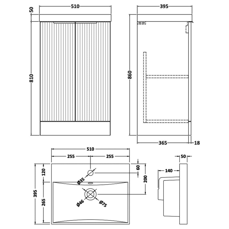 Hudson Reed Fluted Floor Standing 2-Door Vanity Unit with Basin 3 500mm Wide - Satin Anthracite