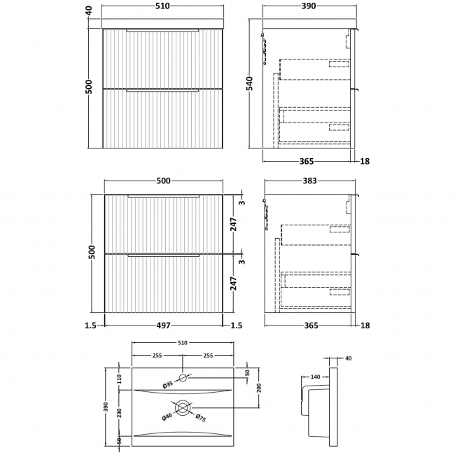 Hudson Reed Fluted Wall Hung 2-Drawer Vanity Unit with Basin 1 500mm Wide - Satin Anthracite