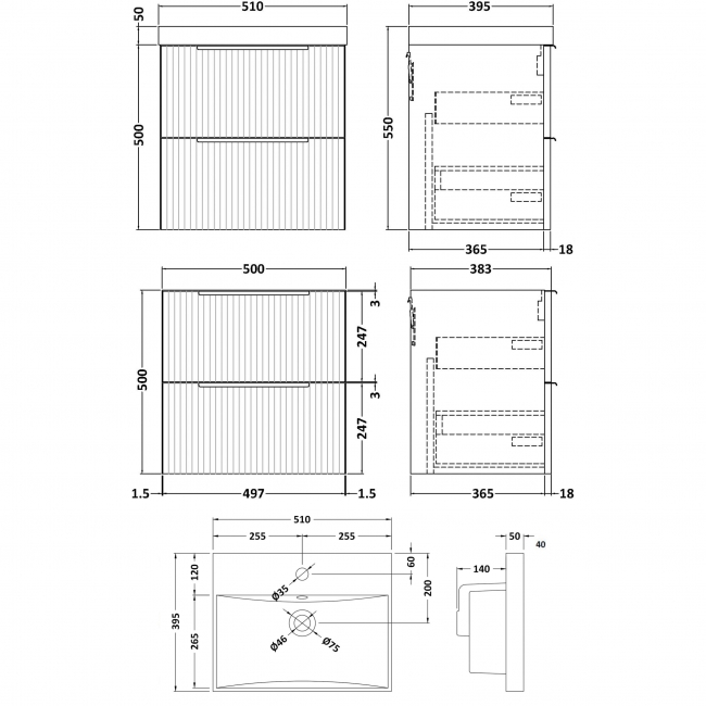 Hudson Reed Fluted Wall Hung 2-Drawer Vanity Unit with Basin 3 500mm Wide - Satin Anthracite