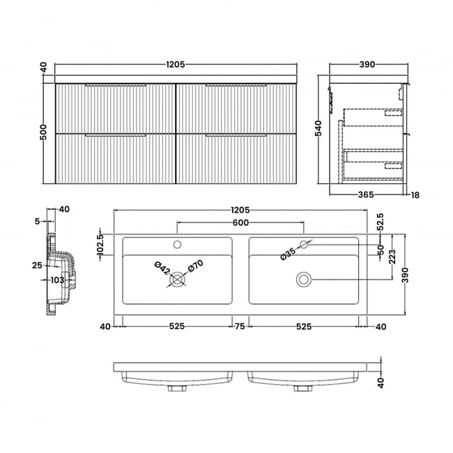 Hudson Reed Fluted Wall Hung 4-Drawer Vanity Unit with Double Polymarble Basin 1200mm Wide - Satin Anthracite