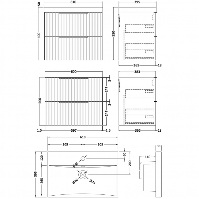 Hudson Reed Fluted Wall Hung 2-Drawer Vanity Unit with Basin 3 600mm Wide - Satin White