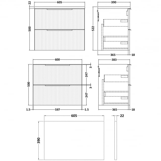 Hudson Reed Fluted Wall Hung 2-Drawer Vanity Unit with Sparkling White Worktop 600mm Wide - Satin Anthracite