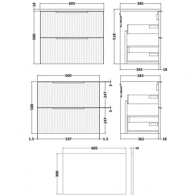 Hudson Reed Fluted Wall Hung 2-Drawer Vanity Unit with Worktop 600mm Wide - Satin Green