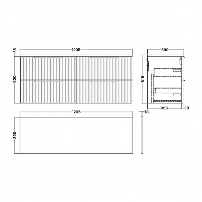 Hudson Reed Fluted Wall Hung 4-Drawer Vanity Unit with Worktop 1200mm Wide - Satin White