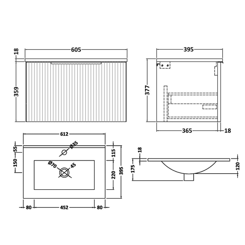 Hudson Reed Fluted Wall Hung 1-Drawer Vanity Unit with Basin 2 600mm Wide - Satin Green